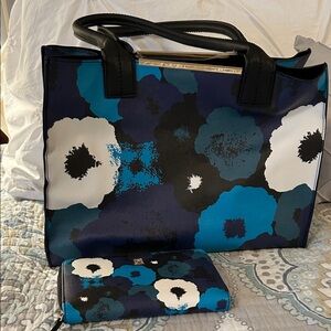 Kate Landry Blue and Black Floral Tote With Matching Wallet